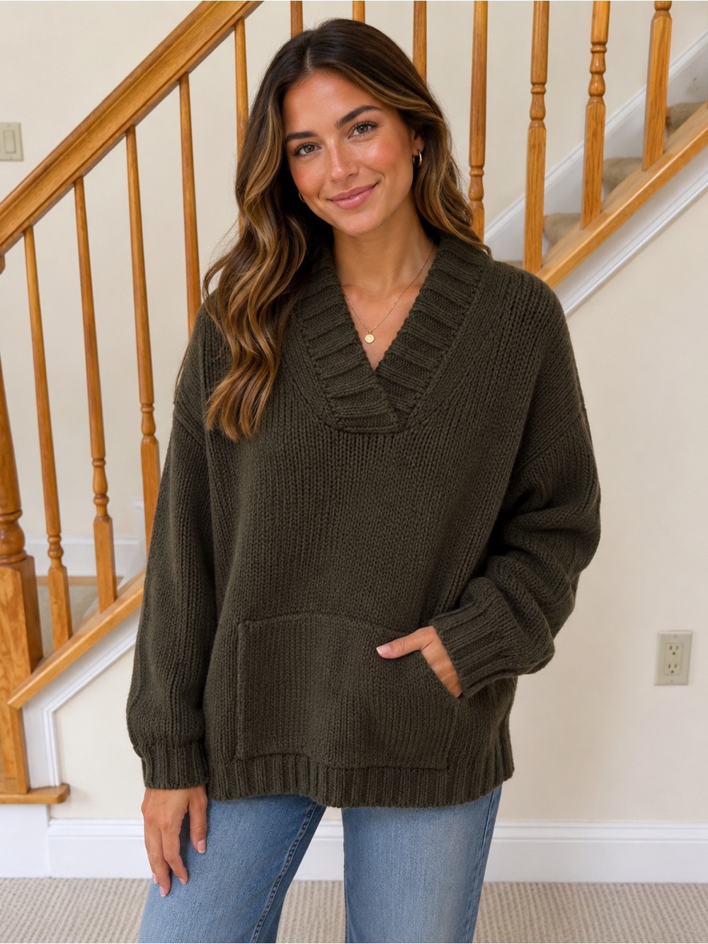 Chunky Olive V-Neck Pocket Sweater